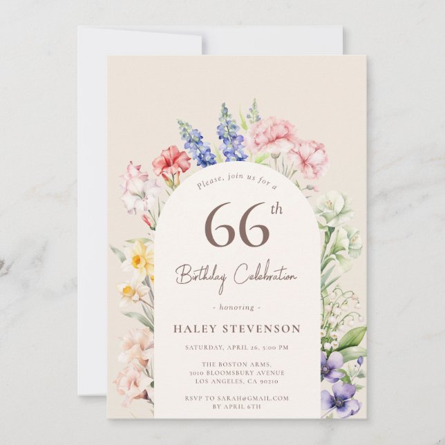Blomsterträdgårdsbåge Whimsical Beige 66-årsdag Inbjudningar (Framsida)