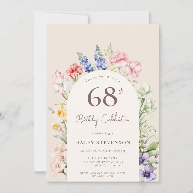 Blomsterträdgårdsbåge Whimsical Beige 68-årsdag Inbjudningar (Framsida)