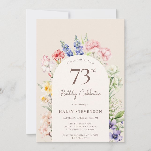 Blomsterträdgårdsbåge Whimsical Beige 73-årsdag Inbjudningar (Framsida)