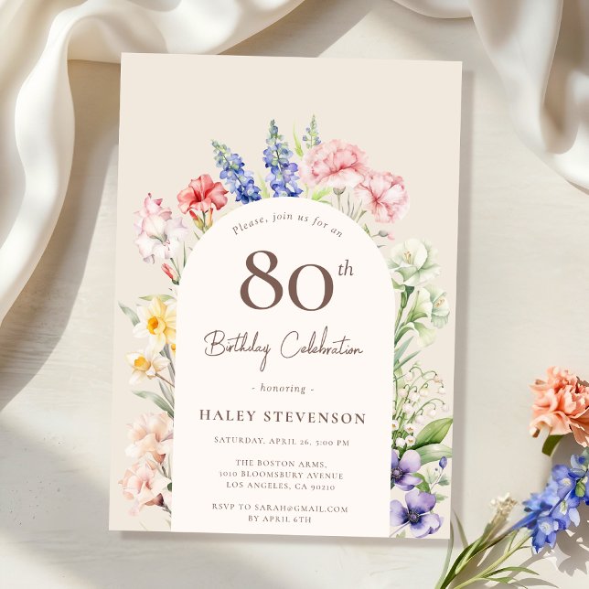Blomsterträdgårdsbåge Whimsical Beige 80-årsdag Inbjudningar (Skapare uppladdad)