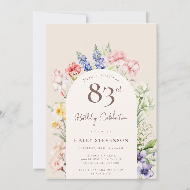Blomsterträdgårdsbåge Whimsical Beige 83-årsdag Inbjudningar (Framsida)