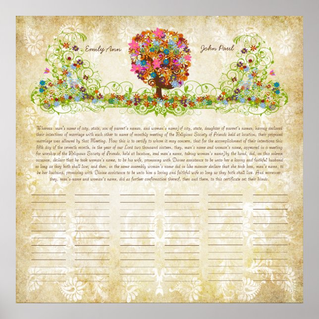Blomsterträdtryck  Kväkarbröllopscertifikat Poster (Framsidan)
