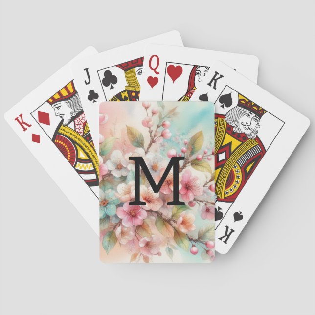Blomstervattenfärgmonogram rosa körsbärsblommor  casinokort (Baksidan)