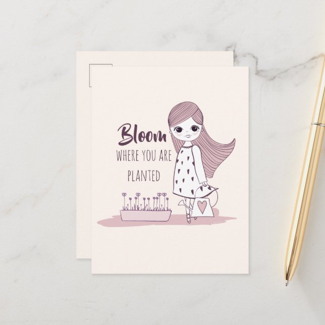 "Blomstra där du är planterad" Motiverande Citat Meddelande Vykort (Fram/Back In Situ)