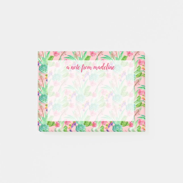 Blomstra vattenfärgsuckulentmönster post-it block (Framsida)