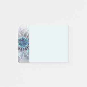 Blomstrande Abstrakt Modern Fraktal Blomma Med Blå Post-it Block