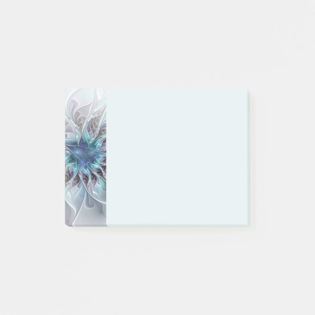 Blomstrande Abstrakt Modern Fraktal Blomma Med Blå Post-it Block (Framsida)