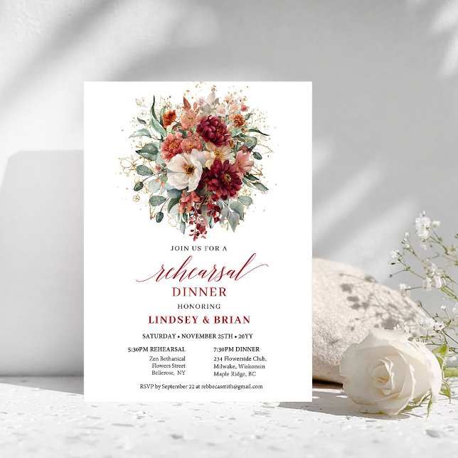Blomstrande Boho Burgunder Rosa Övningsmiddag Inbjudningar (Flourishing Boho Burgundy Floral Rehearsal Dinner

)