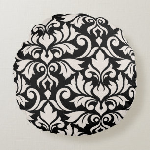 Blomstrande Damask Konsten I Kräm på Svart Rund Kudde