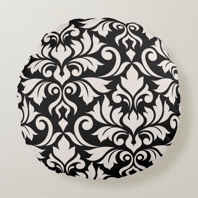 Blomstrande Damask Konsten I Kräm på Svart Rund Kudde (Framsidan)