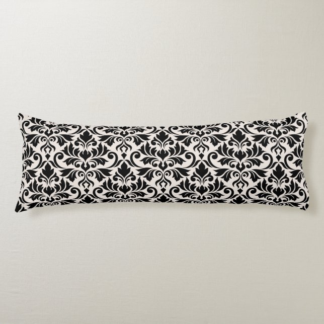 Blomstrande Damask Stort Mönster Svart på Kräm Kroppskudde (Framsidan)