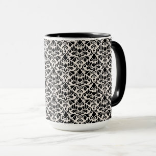 Blomstrande Damaskmönster Svart på Crème Mugg