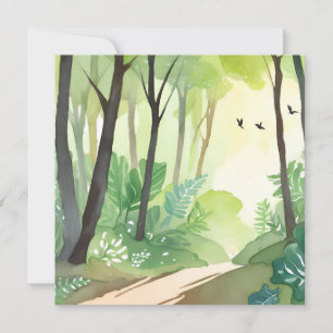 Blomstrande Grön Skog Natur Akvarell Kort