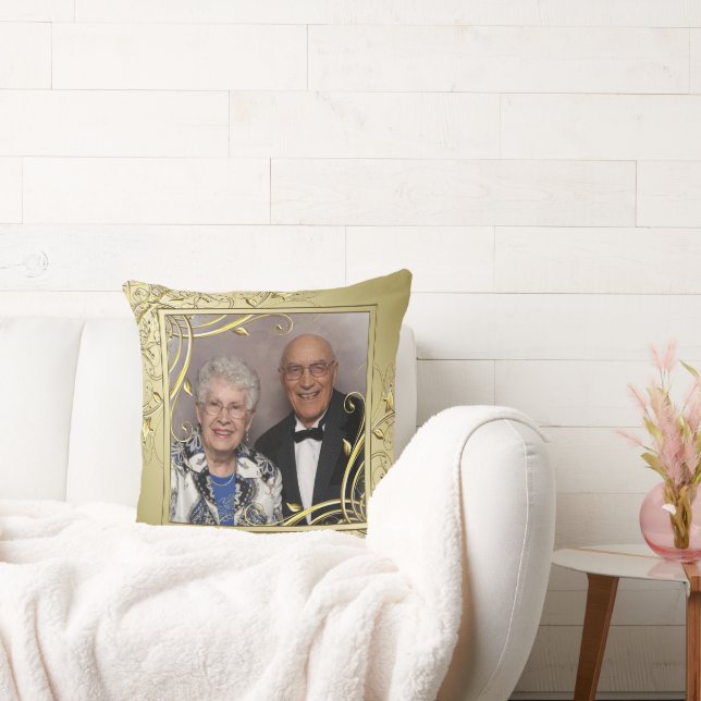 Blomstrande guld 50-års bröllopsjubileumsfoto kudde (Soffa)