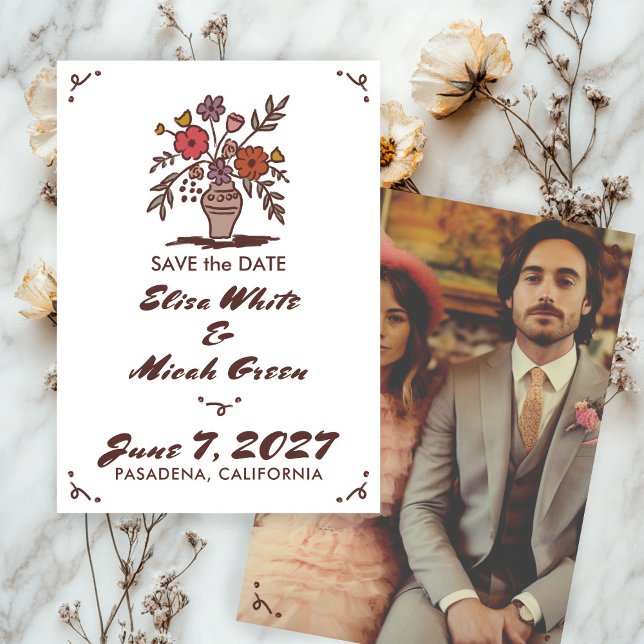 Blomvas Rustik Whimsisk Skiss Anpassad Foto Spara Datumet (Floral Vase Rustic Whimsical Sketch Custom Photo Save The Date
)