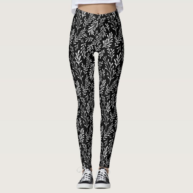 Blomvita löv, benvita, kvinnor leggings (Framsida)