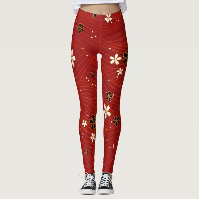Blomvita och svarta blommor, röda baljväxter leggings (Framsida)