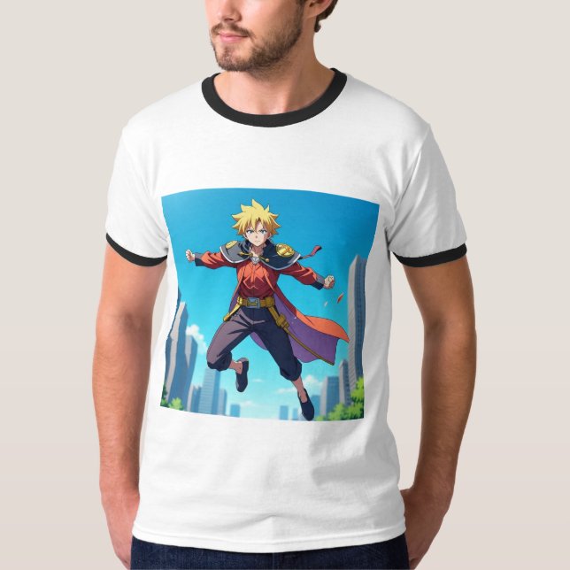 Blond Anime Hjälte i Aktion – Dynamisk Fantasy Kar T Shirt (Framsida)