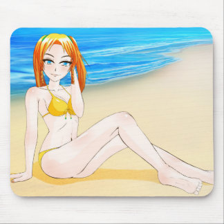 Blond Animeflicka på stranden Mousepad Musmatta