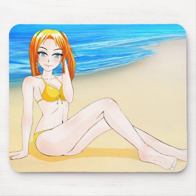 Blond Animeflicka på stranden Mousepad Musmatta (Framsidan)