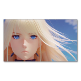 Blond Animeflicka Porträtt Blå Ögon Vind Blåser Magnetiska Visitkort