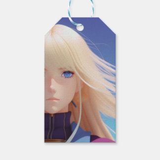 Blond Animeflicks Porträtt Blå Ögon Vind Blåser Presentetikett