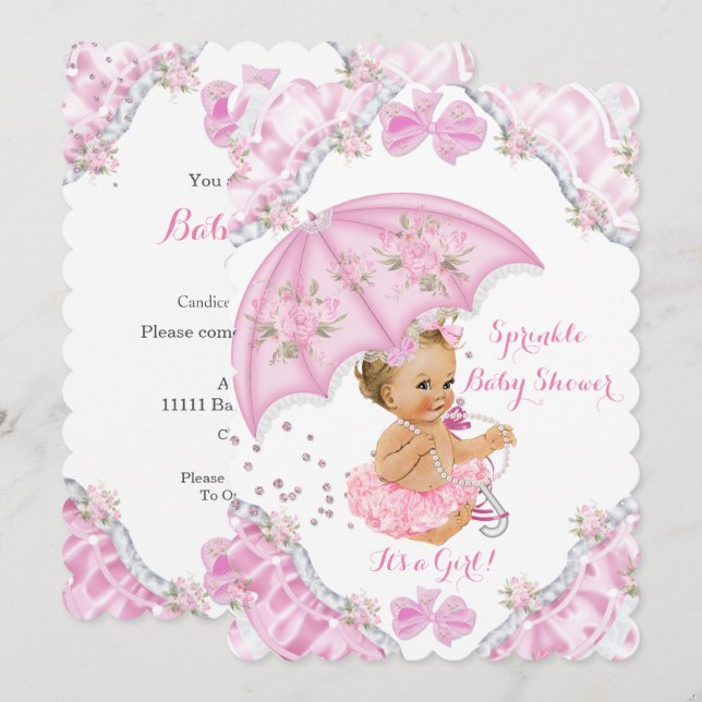 Blond Bebis Bebisdag Pink Parasoll Flickor Blommor Inbjudningar (Fram/baksida)