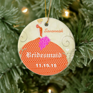 Blond brudtärna present orange och rosa julgransprydnad keramik