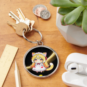 Blond Chibi Kattflicka i Midiklänning Rund Silverfärgad Nyckelring