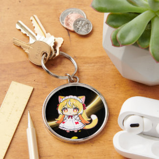 Blond Chibi Kattflicka i Midiklänning Rund Silverfärgad Nyckelring