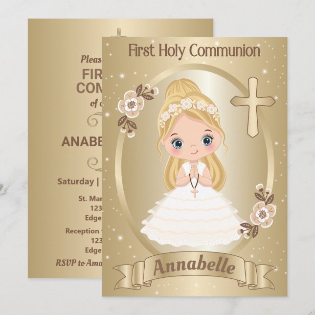 Blond Cute Girl First Heliga Communion-inbjudan Inbjudningar (Fram/baksida)
