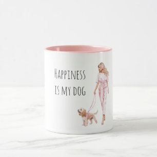 Blond dam med hundpromenad mugg