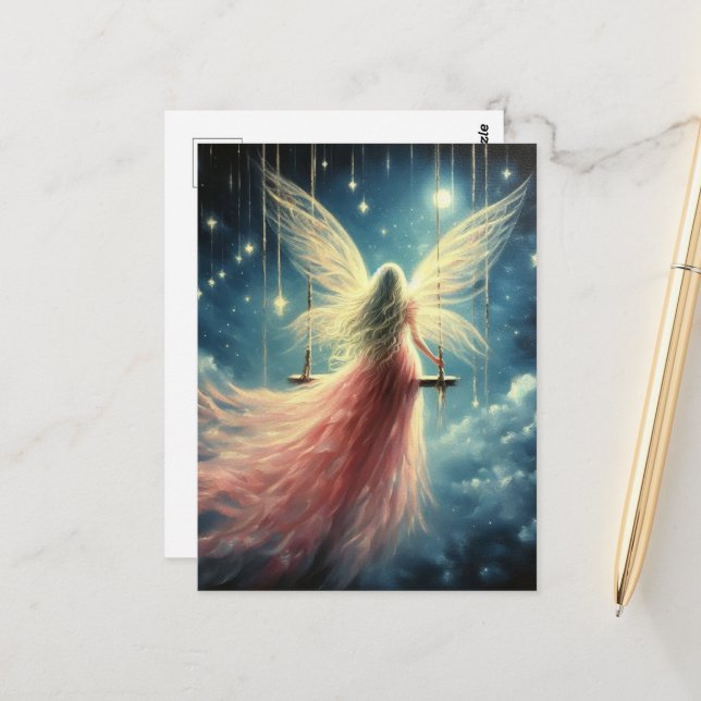 Blond Fairy on a Swing in a Rosa Dress Vykort (Fram/Back In Situ)