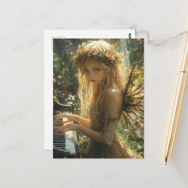 Blond Fairy Play Piano Vykort (Fram/Back In Situ)