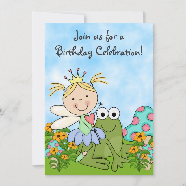 Blond Fairy Princess och Frog Birthday Inbjudan (Framsida)