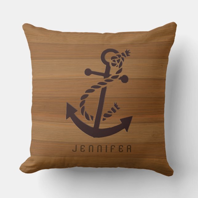Blond Faux Wood & Brown Nautical Anchor Kudde (Framsida)