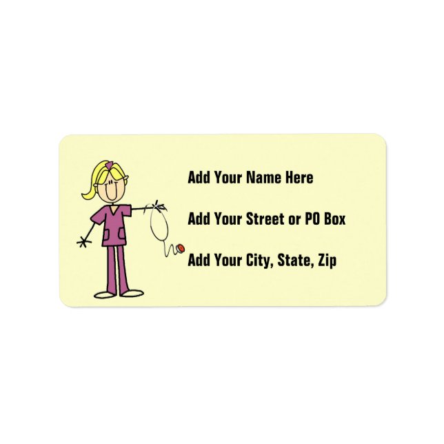 Blond Female Stick figur Nurse T-shirts Adressetikett (Framsidan)