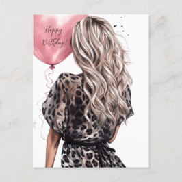 Blond flicka bak pink ballong leopardklänning vykort