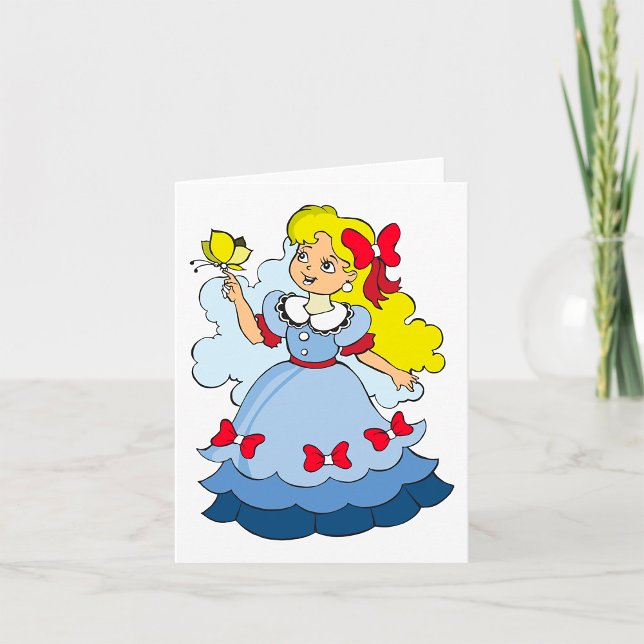 Blond flicka i blå prinsessklänning med fjäril kort (Skapare uppladdad)