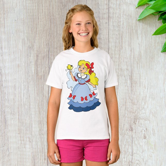 Blond flicka i blå prinsessklänning med fjäril t shirt (Skapare uppladdad)