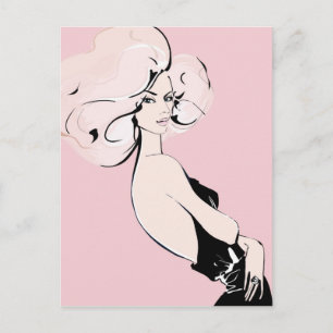 Blond flicka i svart på rosa vykort