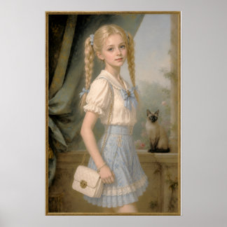 Blond flicka med siamesisk katt poster