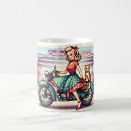 Blond flicka på en cykel med en ingerkatt... kaffemugg
