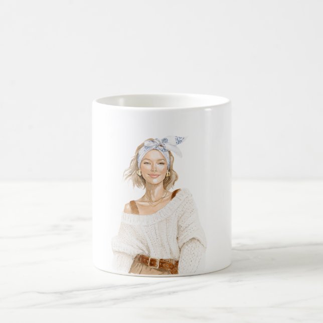 Blond flicka vit tröja kaffemugg (Center)