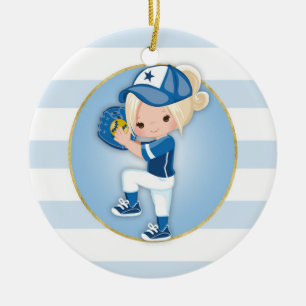 Blond flickablåttsoftball julgransprydnad keramik