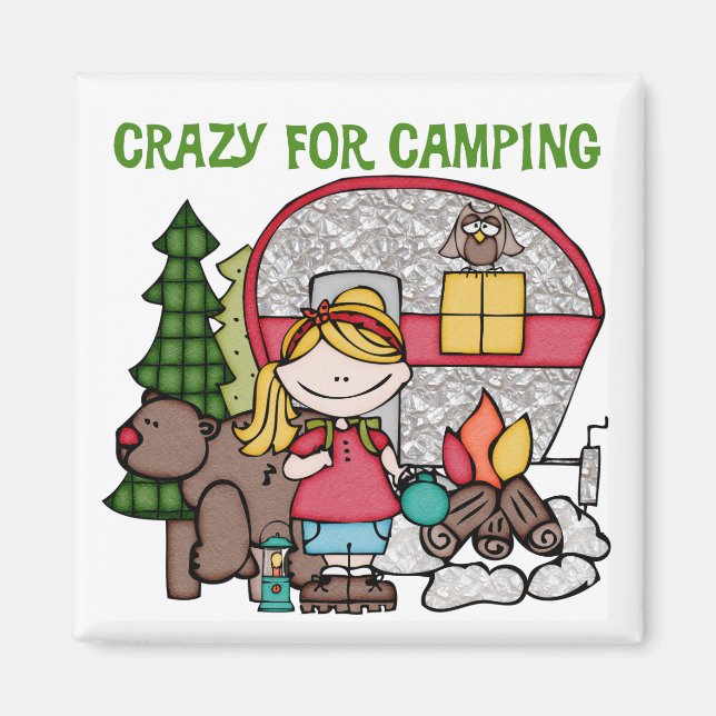 Blond Girl Crazy for Camping Magnet (Framsidan)