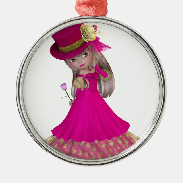 Blond Girl Holding a Rosa ros Julgransprydnad Metall (Framsidan)