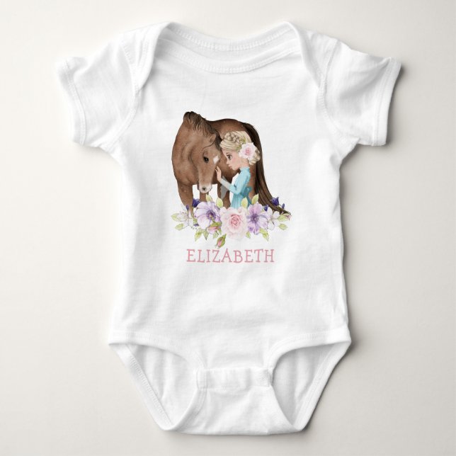 Blond Girl med Brown Horse Nyfödd bebis Bodykostym T Shirt (Framsida)