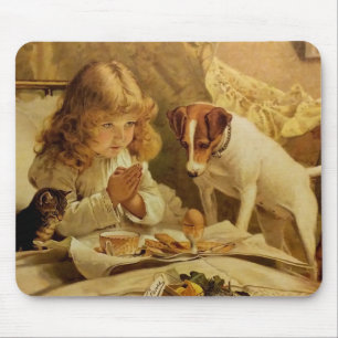Blond Girl Praying med hennes Hund och Cat Musmatta