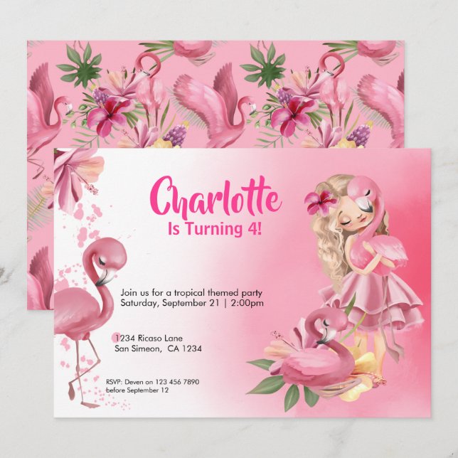 Blond Girl Tropical Rosa Flamingo Birthday Inbjudningar (Fram/baksida)